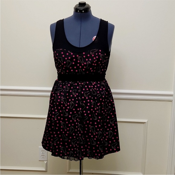 Hot Topic Black Cat and Pink Polka Dot Mesh Mini Dress - Picture 1 of 7